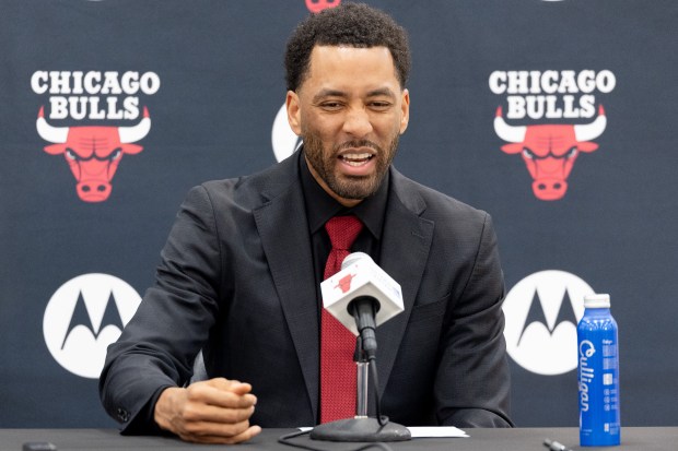Bulls executive vice president of basketball operations Bryson Graham responds to a question during an introductory news conference Wednesday, May 6, 2026, at the Advocate Center. (Josh Boland/Chicago Tribune)