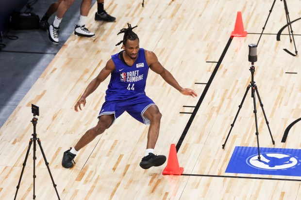 Darryn Peterson participates in a drill during the NBA draft combine Tuesday, May 12, 2026, at Wintrust Arena. (Eileen T. Meslar/Chicago Tribune)