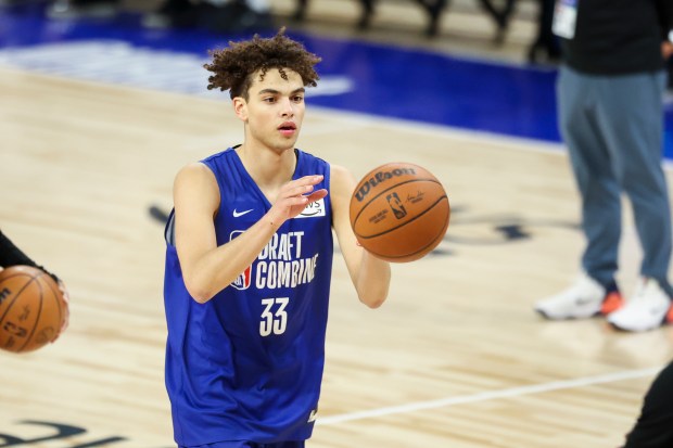 Keaton Wagler catches a pass to shoot during the NBA draft combine Tuesday, May 12, 2026, at Wintrust Arena. (Eileen T. Meslar/Chicago Tribune)