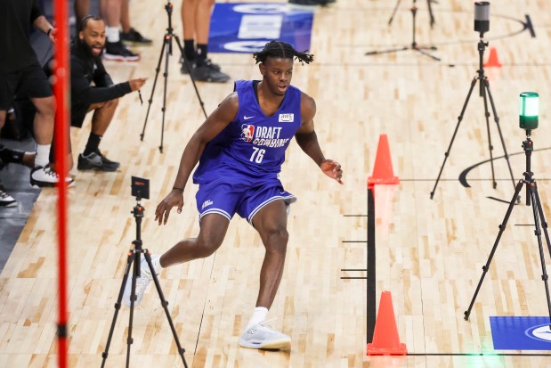 Caleb Wilson participates in a drill during the NBA draft combine Tuesday, May 12, 2026, at Wintrust Arena. (Eileen T. Meslar/Chicago Tribune)