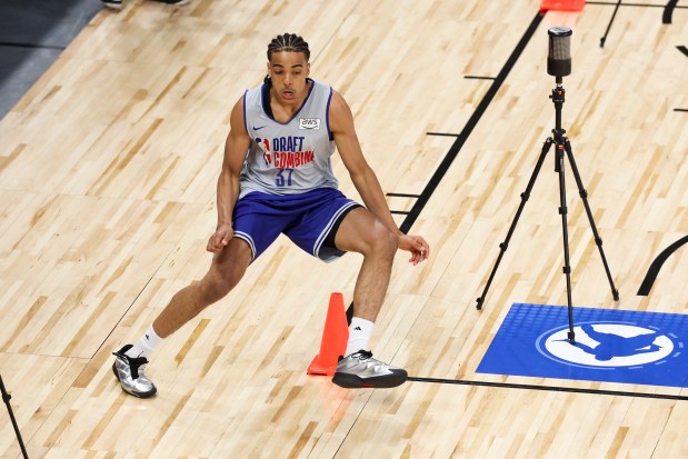 Mikel Brown Jr. participates in a drill during the NBA draft combine Tuesday, May 12, 2026, at Wintrust Arena. (Eileen T. Meslar/Chicago Tribune)