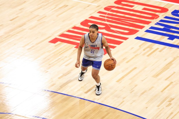 Mikel Brown Jr. dribbles the ball during the NBA draft combine Tuesday, May 12, 2026, at Wintrust Arena. (Eileen T. Meslar/Chicago Tribune)