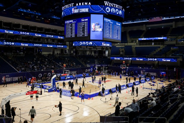 Prospects participate in the NBA draft combine Tuesday, May 12, 2026, at Wintrust Arena. (Eileen T. Meslar/Chicago Tribune)