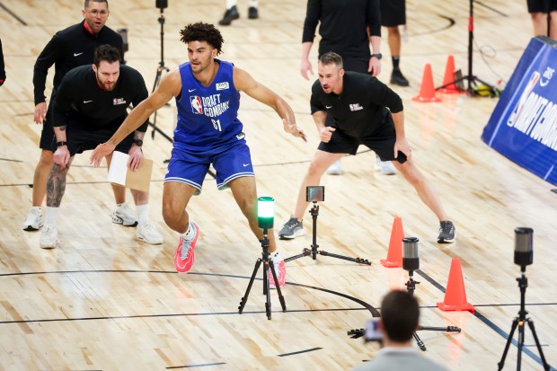 Cameron Boozer participates in a drill during the NBA draft combine Tuesday, May 12, 2026, at Wintrust Arena. (Eileen T. Meslar/Chicago Tribune)