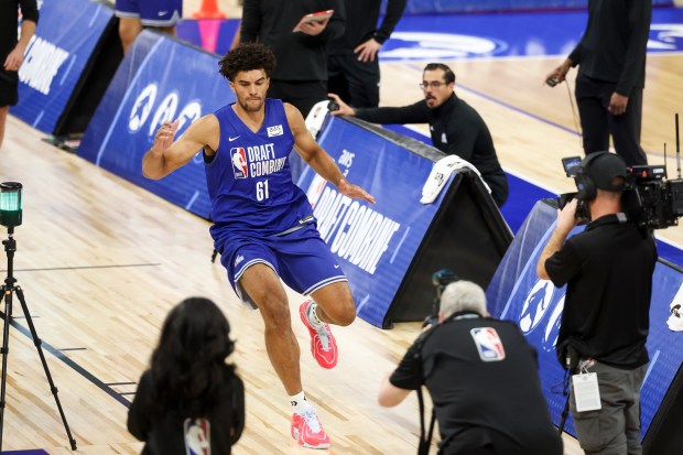 Cameron Boozer participates in a drill during the NBA draft combine Tuesday, May 12, 2026, at Wintrust Arena. (Eileen T. Meslar/Chicago Tribune)