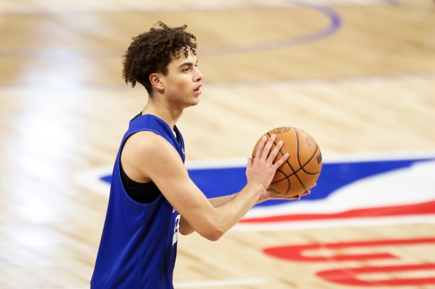Keaton Wagler shoots during the NBA draft combine Tuesday, May 12, 2026, at Wintrust Arena. (Eileen T. Meslar/Chicago Tribune)