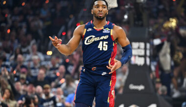 CLEVELAND, OHIO - APRIL 18: Donovan Mitchell #45 of the Cleveland Cavaliers celebrates during the first quarter of Game One of the Eastern Conference First Round NBA Playoffs against the Toronto Raptors at Rocket Arena on April 18, 2026 in Cleveland, Ohio.