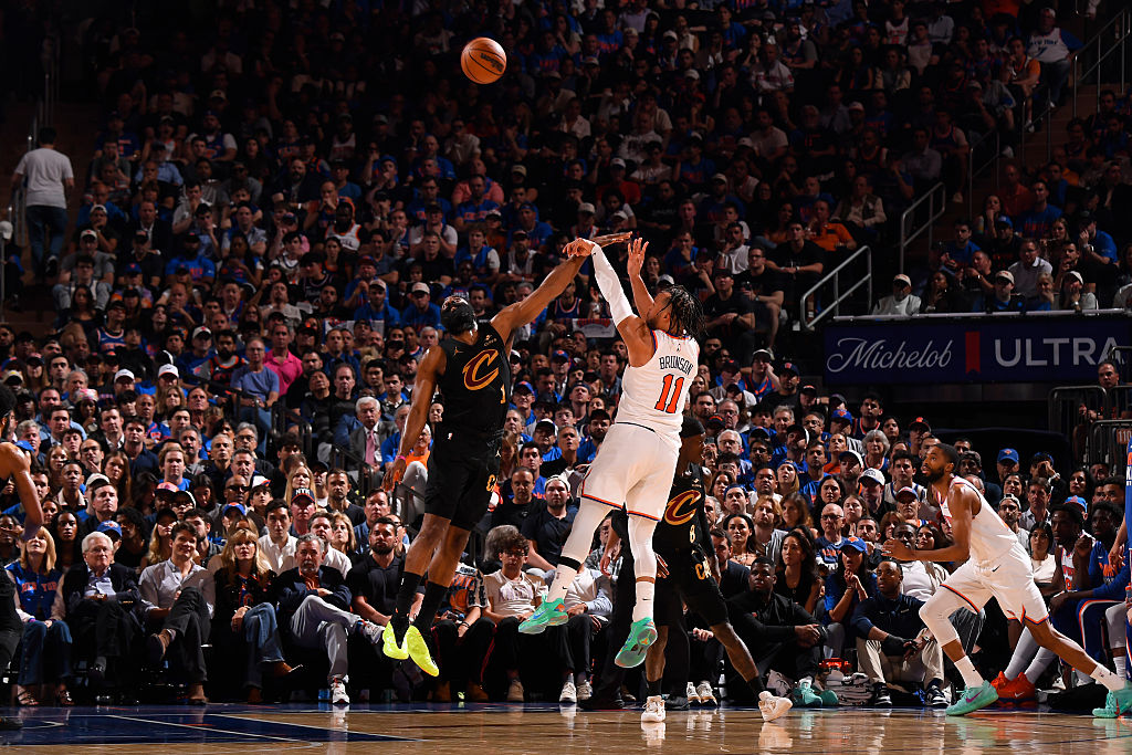 NEW YORK, NY - MAY 19: Jalen Brunson #11 of the New York Knicks shoots the ball as James Harden #1 of the Cleveland Cavaliers plays defense during the game during Game One of the NBA Eastern Conference Finals on May 19, 2026 at Madison Square Garden in New York City, New York. NOTE TO USER: User expressly acknowledges and agrees that, by downloading and or using this photograph, User is consenting to the terms and conditions of the Getty Images License Agreement. Mandatory Copyright Notice: Copyright 2026 NBAE (Photo by Brian Babineau/NBAE via Getty Images)