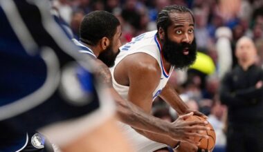 Los Angeles Clippers guard James Harden looks to pass as Dallas Mavericks guard Kyrie Irving defends during the first half of Game 4 of an NBA basketball first-round playoff series, Sunday, April 28, 2024, in Dallas.