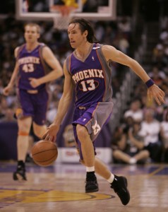 April 11, 2005; Los Angeles, CA; FILE PHOTO: Phoenix point guard Steve Nash drives the ball upcourt during the Suns' 108 - 97 win at Staples Center. Phoenix currently has the best record in the NBA as it rolls into the post-season. Nash had 15 points and 16 assists in the game. Mandatory Credit: Robert Hanashiro-USA TODAY Network