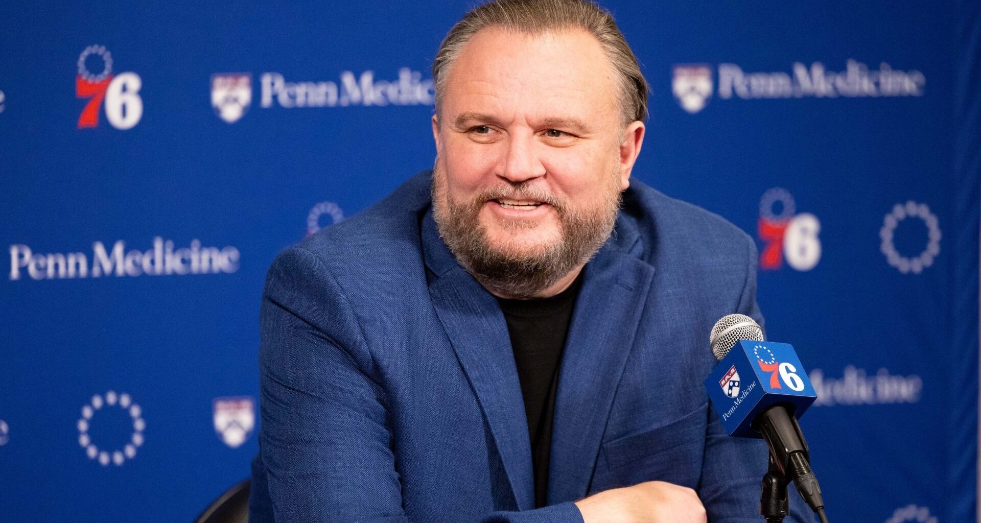 Dec 15, 2023; Philadelphia, Pennsylvania, USA; Philadelphia 76ers resident of Basketball Operations Daryl Morey speaks with the media before a game against the Detroit Pistons at Wells Fargo Center. Mandatory Credit: Bill Streicher-USA TODAY Sports