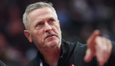 Apr 2, 2026; Portland, Oregon, USA; Tom Dundon, the new owner of the Portland Trail Blazers, before a game between the Portland Trail Blazers and the New Orleans Pelicans at Moda Center. Mandatory Credit: Troy Wayrynen-Imagn Images
