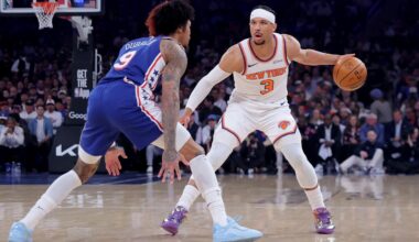 May 4, 2026; New York, New York, USA; New York Knicks guard Josh Hart (3) controls the ball against Philadelphia 76ers forward/guard Kelly Oubre Jr. (9) during the first quarter of game one of the eastern conference semifinal round of the 2026 NBA Playoffs at Madison Square Garden.