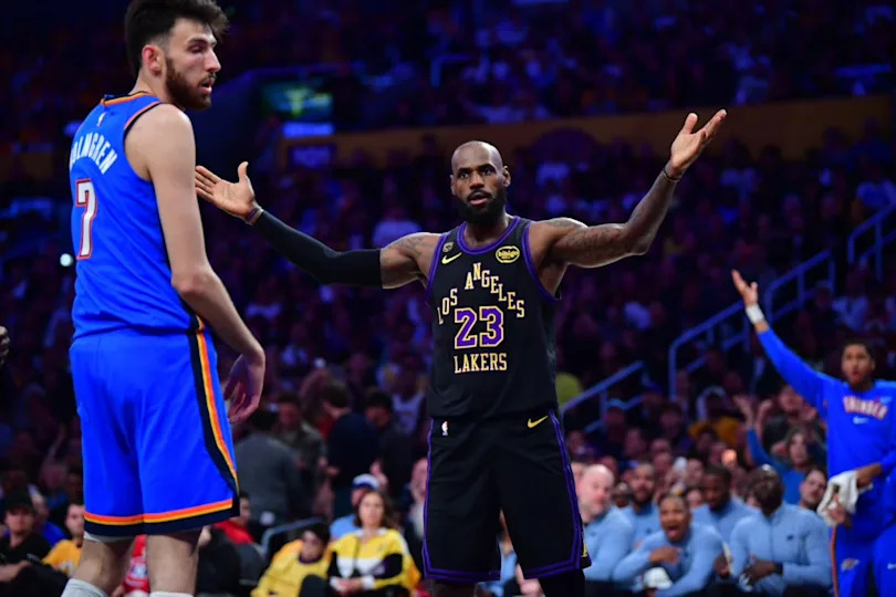May 11, 2026; Los Angeles, California, USA; Los Angeles Lakers forward LeBron James (23) reacts after he is fouled during the first half in game four of the second round of the 2026 NBA Playoffs at Crypto.com Arena. Mandatory Credit: Gary A. Vasquez-Imagn Images