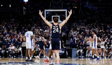 Braylon Mullins of the UConn Huskies celebrates after shooting the game-winning three point basket in the Elite Eight game of the 2026 NCAA Men's Basketball Tournament.
