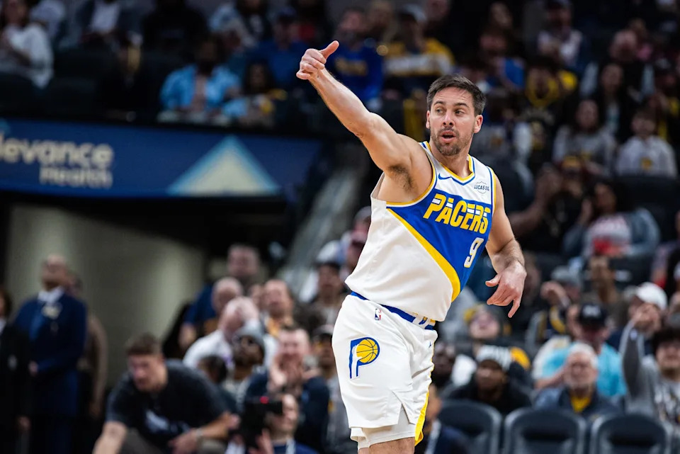 Mar 29, 2026; Indianapolis, Indiana, USA; Indiana Pacers guard T.J. McConnell (9) celebrates a made basket in the first half against the Miami Heat at Gainbridge Fieldhouse. Mandatory Credit: Trevor Ruszkowski-Imagn Images