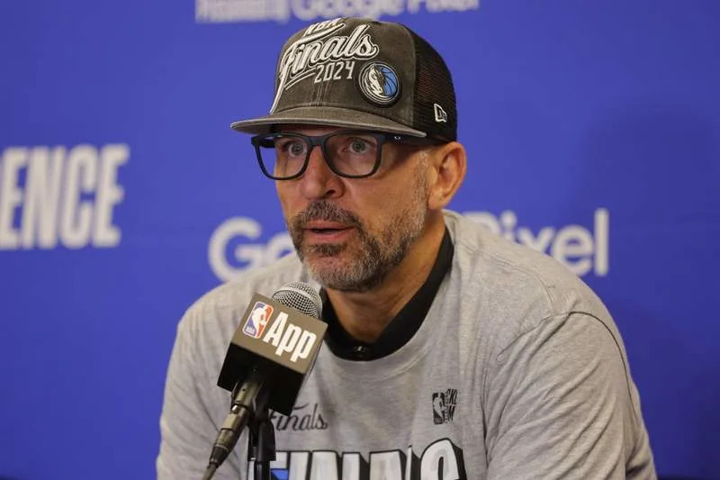 May 30, 2024; Minneapolis, Minnesota, USA; Dallas Mavericks head coach Jason Kidd at a press conference after winning the Western Conference Championship against the Minnesota Timberwolves in game five of the western conference finals for the 2024 NBA playoffs at Target Center. Mandatory Credit: Bruce Kluckhohn-Imagn Images