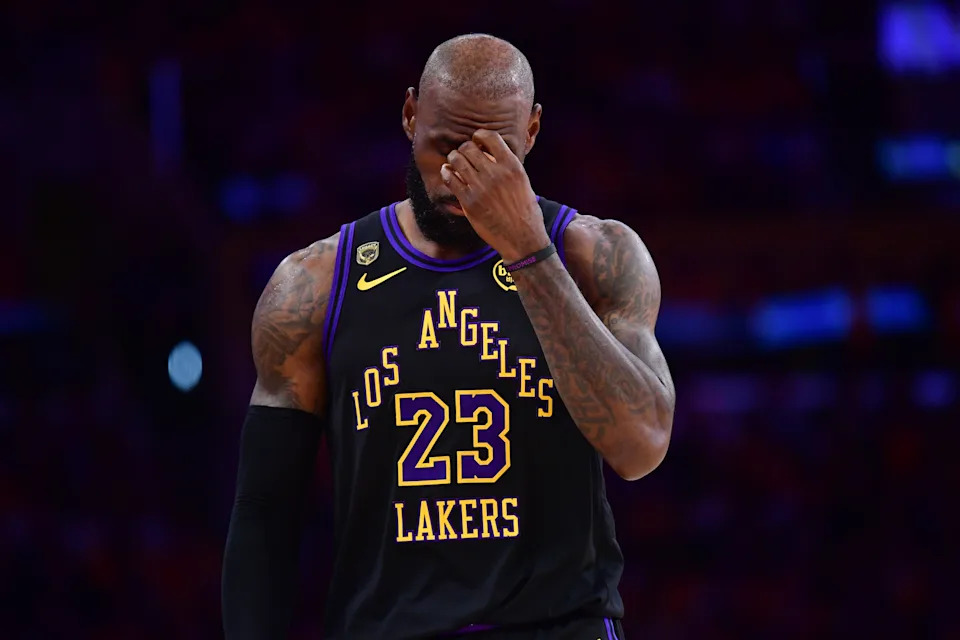 May 11, 2026; Los Angeles, California, USA; Los Angeles Lakers forward LeBron James (23) during the first half in game four of the second round of the 2026 NBA Playoffs at Crypto.com Arena. Mandatory Credit: Gary A. Vasquez-Imagn Images