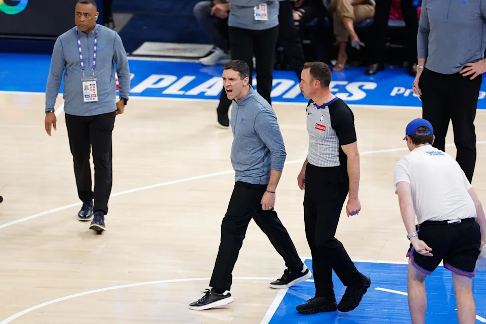 May 20, 2026; Oklahoma City, Oklahoma, USA; Oklahoma City Thunder head coach Mark Daigneault reacts to a play during the third quarter against the San Antonio Spurs during game two of the western conference finals for the 2026 NBA playoffs at Paycom Center. Mandatory Credit: Alonzo Adams-Imagn Images