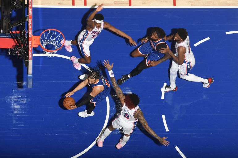 PHILADELPHIA, PA - MAY 8: Jalen Brunson #11 of the New York Knicks drives to the basket during the game against the Philadelphia 76ers during Round Two Game Three of the 2026 NBA Playoffs on May 8, 2026 at the Wells Fargo Center in Philadelphia, Pennsylvania NOTE TO USER: User expressly acknowledges and agrees that, by downloading and/or using this Photograph, user is consenting to the terms and conditions of the Getty Images License Agreement. Mandatory Copyright Notice: Copyright 2026 NBAE Jesse D. Garrabrant/NBAE via Getty Images/AFP (Photo by Jesse D. Garrabrant / NBAE / Getty Images / Getty Images via AFP)