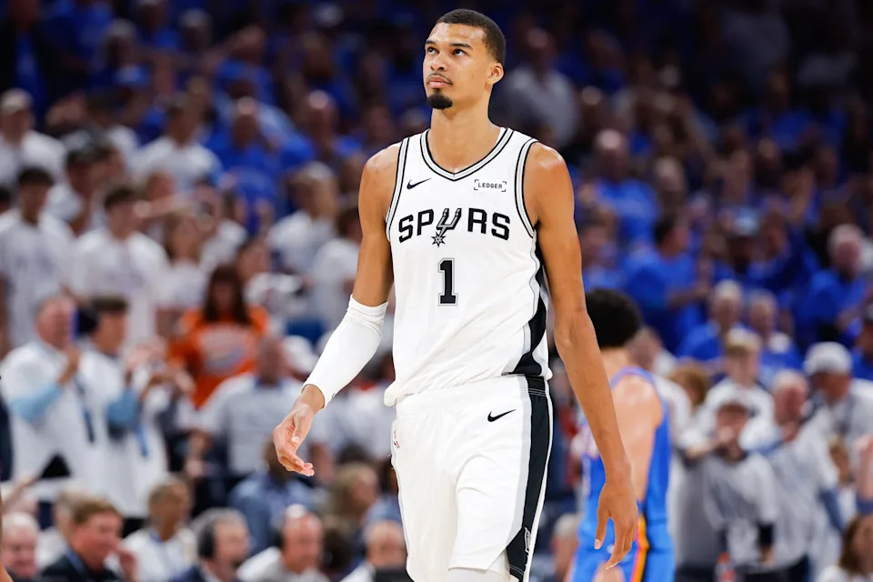May 20, 2026; Oklahoma City, Oklahoma, USA; San Antonio Spurs forward Victor Wembanyama (1) looks on during the fourth quarter against the Oklahoma City Thunder during game two of the western conference finals for the 2026 NBA playoffs at Paycom Center. Mandatory Credit: Alonzo Adams-Imagn Images