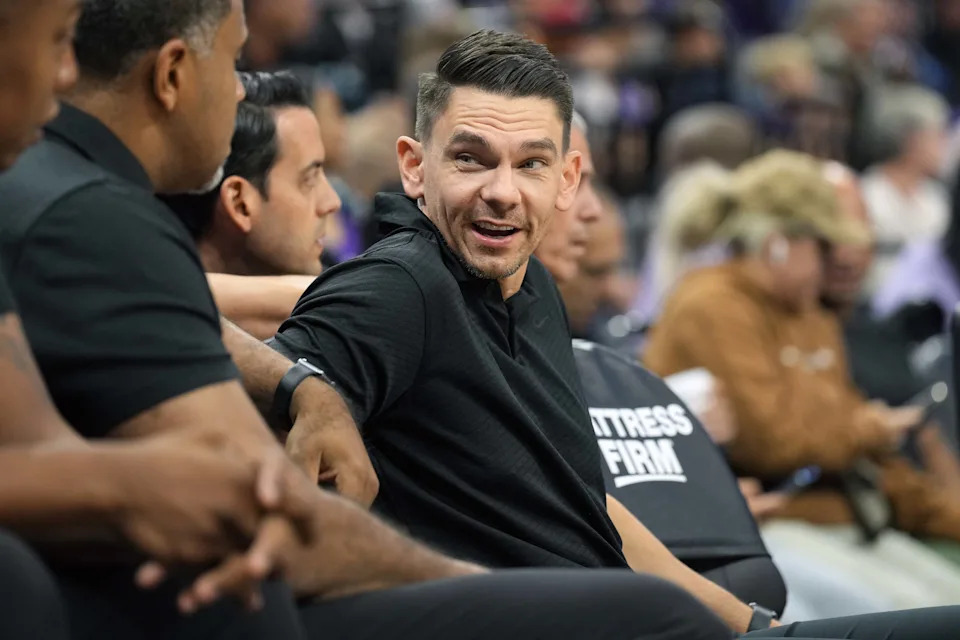 Oct 29, 2022; Sacramento, California, USA; Miami Heat assistant coach Chris Quinn talks on the bench during the third quarter against the Sacramento Kings at Golden 1 Center. Mandatory Credit: Darren Yamashita-USA TODAY Sports