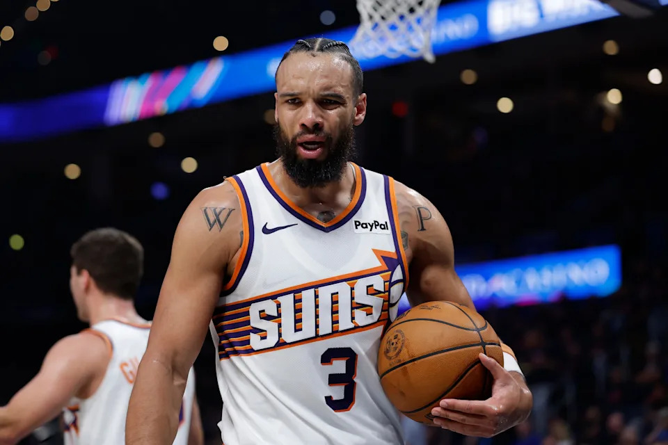 Phoenix Suns forward Dillon Brooks (3) reacts after a play against the Oklahoma City Thunder in the second half during game two of the first round of the 2026 NBA Playoffs at Paycom Center in Oklahoma City, on April 22, 2026.
