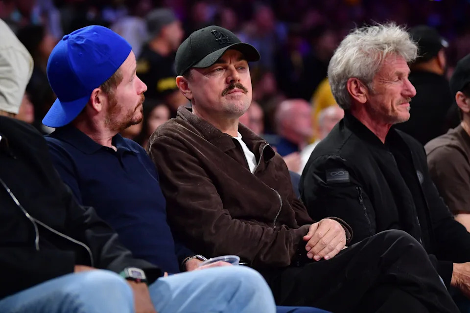 May 11, 2026; Los Angeles, California, USA; Film actor Leonardo DiCaprio attends game four of the second round of the 2026 NBA Playoffs with actors Kevin Connolly and Sean Penn at Crypto.com Arena. Mandatory Credit: Gary A. Vasquez-Imagn Images