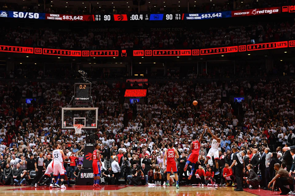 Kawhi Leonard hits the game-winning three pointer in Game 7 of the 2019 Eastern Conference Semifinals. 