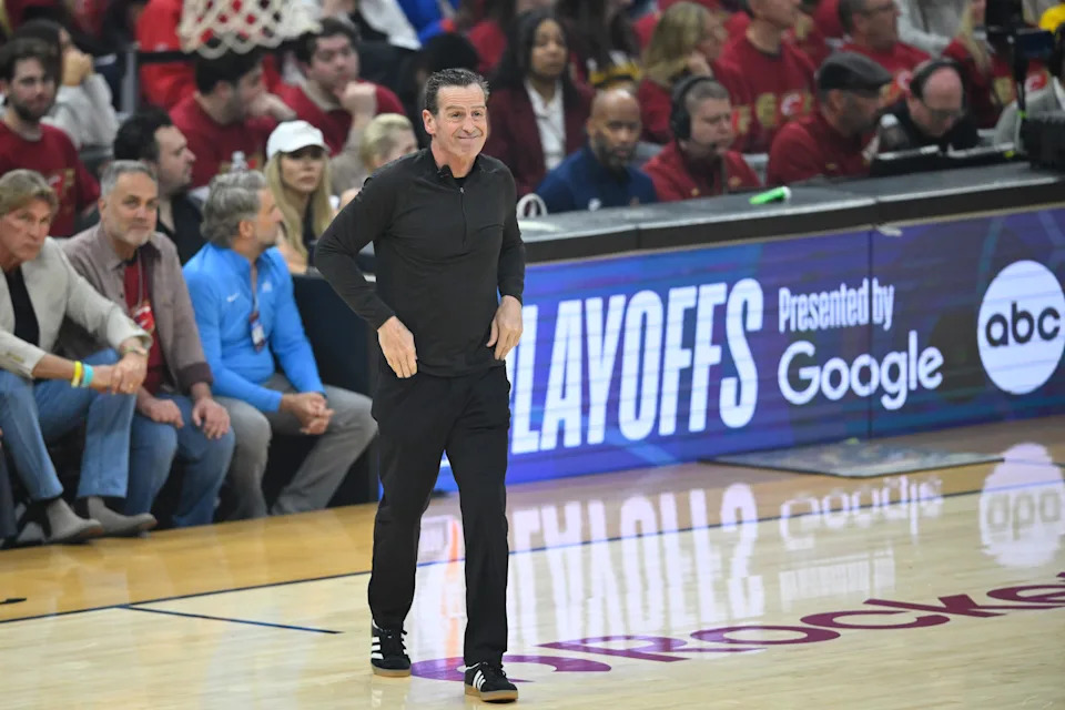 May 23, 2026; Cleveland, Ohio, USA; Cleveland Cavaliers head coach Kenny Atkinson looks on during the first quarter against the New York Knicks during game three of the eastern conference finals for the 2026 NBA playoffs at Rocket Arena. Mandatory Credit: David Richard-Imagn Images