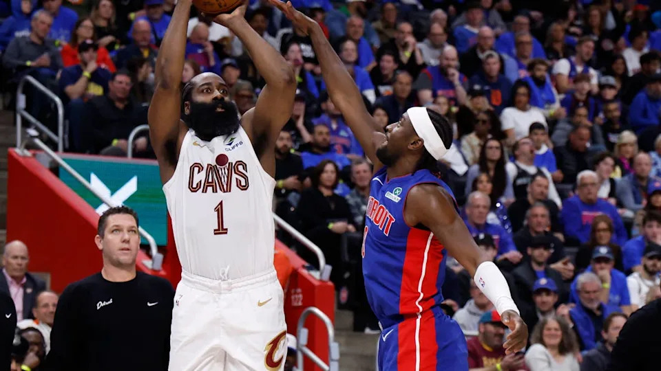 Cleveland Cavaliers guard James Harden shoots on <a class="link " href="https://sports.yahoo.com/nba/teams/detroit/" data-i13n="sec:content-canvas;subsec:anchor_text;elm:context_link" data-ylk="slk:Detroit Pistons;sec:content-canvas;subsec:anchor_text;elm:context_link;itc:0" data-yga="{"yLinkElement":"context_link","yModuleName":"content-canvas","yLinkText":"Detroit Pistons","ySubModuleName":"anchor_text","yHasCommerce":false}">Detroit Pistons</a> guard Caris LeVert.Rick Osentoski-Imagn Images