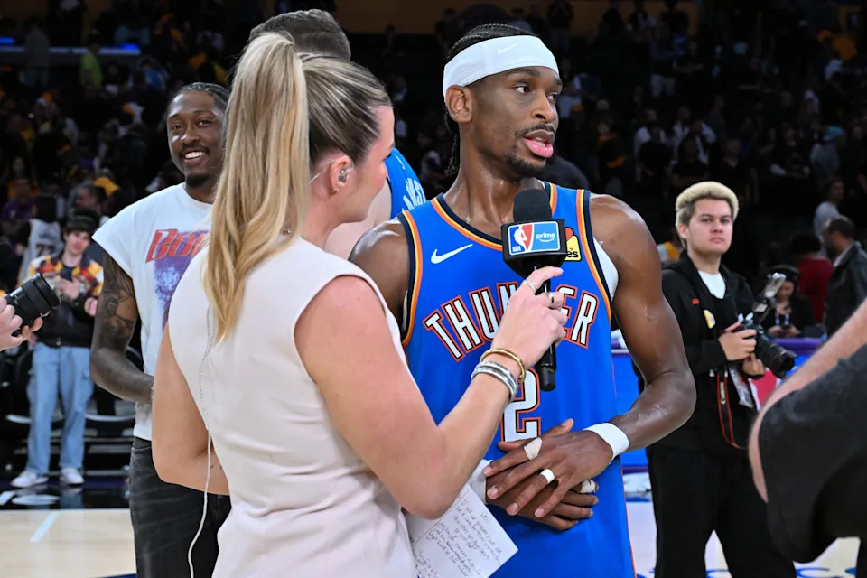 LOS ANGELES, CALIFORNIA - MAY 11: Shai Gilgeous-Alexander #2 of the Oklahoma City Thunder speaks to a reporter after sweeping the Los Angeles Lakers in Game Four of the Second Round of the NBA Western Conference Playoffs against the Oklahoma City Thunder at Crypto.com Arena on May 11, 2026 in Los Angeles, California. NOTE TO USER: User expressly acknowledges and agrees that, by downloading and or using this photograph, User is consenting to the terms and conditions of the Getty Images License Agreement. (Photo by Allen Berezovsky/Getty Images)