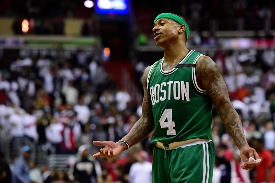WASHINGTON, DC - MAY 07: Isaiah Thomas #4 of the Boston Celtics reacts after a call in the second half against the Washington Wizards in Game Four of the Eastern Conference Semifinals at Verizon Center on May 7, 2017 in Washington, DC. NOTE TO USER: User expressly acknowledges and agrees that, by downloading and or using this photograph, User is consenting to the terms and conditions of the Getty Images License Agreement. (Photo by Patrick McDermott/Getty Images)
