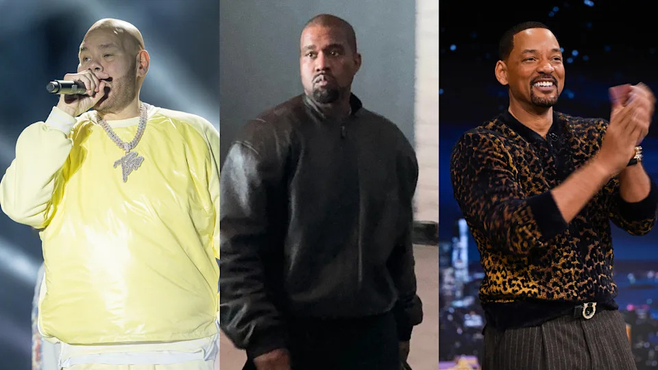 Fat Joe performing, Kanye West in a black jacket, and Will Smith clapping on stage.