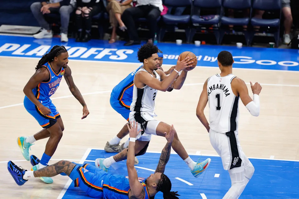 May 20, 2026; Oklahoma City, Oklahoma, USA; San Antonio Spurs guard Dylan Harper (2) drives to the basket during the third quarter against the Oklahoma City Thunder during game two of the western conference finals for the 2026 NBA playoffs at Paycom Center. Mandatory Credit: Alonzo Adams-Imagn Images