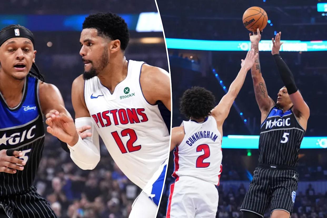 An image collage containing 2 images, Image 1 shows Tobias Harris #12 of the Detroit Pistons drives to the basket against Paolo Banchero #5 of the Orlando Magic during the second quarter in Game Six of the First Round of the NBA Eastern Conference Playoffs at Kia Center on May 01, 2026 in Orlando, Florida, Image 2 shows Paolo Banchero (5) shot 4-for-20 against the Pistons