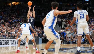 UConn guard Braylon Mullins (24) scores the winning basket against Duke in the Elite Eight of the NCAA college basketball tournament, Sunday, March 29, 2026, in Washington. (AP File Photo/Abbie Parr)