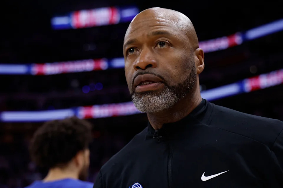 May 3, 2026; Detroit, Michigan, USA; Orlando Magic head coach Jamahl Mosley walks off after the game against the Detroit Pistons after game seven of the first round of the 2026 NBA Playoffs at Little Caesars Arena. Mandatory Credit: Rick Osentoski-Imagn Images