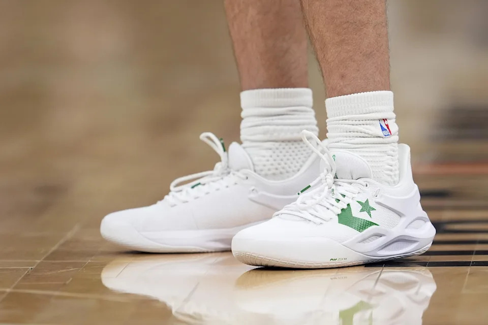 MILWAUKEE, WISCONSIN - APRIL 03: A detail view of the basketball shoes of <a class="link " href="https://sports.yahoo.com/nba/players/6418/" data-i13n="sec:content-canvas;subsec:anchor_text;elm:context_link" data-ylk="slk:Payton Pritchard;sec:content-canvas;subsec:anchor_text;elm:context_link;itc:0" data-yga="{"yLinkElement":"context_link","yModuleName":"content-canvas","yLinkText":"Payton Pritchard","ySubModuleName":"anchor_text","yHasCommerce":false}">Payton Pritchard</a> #11 of the <a class="link " href="https://sports.yahoo.com/nba/teams/boston/" data-i13n="sec:content-canvas;subsec:anchor_text;elm:context_link" data-ylk="slk:Boston Celtics;sec:content-canvas;subsec:anchor_text;elm:context_link;itc:0" data-yga="{"yLinkElement":"context_link","yModuleName":"content-canvas","yLinkText":"Boston Celtics","ySubModuleName":"anchor_text","yHasCommerce":false}">Boston Celtics</a> against the <a class="link " href="https://sports.yahoo.com/nba/teams/milwaukee/" data-i13n="sec:content-canvas;subsec:anchor_text;elm:context_link" data-ylk="slk:Milwaukee Bucks;sec:content-canvas;subsec:anchor_text;elm:context_link;itc:0" data-yga="{"yLinkElement":"context_link","yModuleName":"content-canvas","yLinkText":"Milwaukee Bucks","ySubModuleName":"anchor_text","yHasCommerce":false}">Milwaukee Bucks</a> during the first quarter at Fiserv Forum on April 03, 2026 in Milwaukee, Wisconsin. NOTE TO USER: User expressly acknowledges and agrees that, by downloading and or using this photograph, User is consenting to the terms and conditions of the Getty Images License Agreement. (Photo by Patrick McDermott/Getty Images) | Getty Images