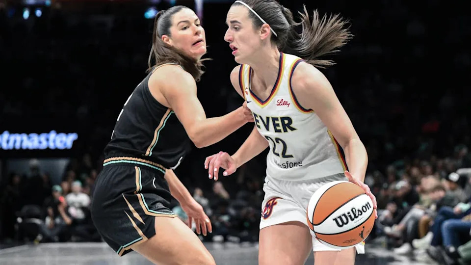 Indiana Fever guard Caitlin Clark (22) tries to drive past <a class="link " href="https://sports.yahoo.com/wnba/teams/new-york/" data-i13n="sec:content-canvas;subsec:anchor_text;elm:context_link" data-ylk="slk:New York Liberty;sec:content-canvas;subsec:anchor_text;elm:context_link;itc:0" data-yga="{"yLinkElement":"context_link","yModuleName":"content-canvas","yLinkText":"New York Liberty","ySubModuleName":"anchor_text","yHasCommerce":false}">New York Liberty</a> forward Alex Fowler (12) during the first half of a preseason game at Barclays Center.John Jones-Imagn Images