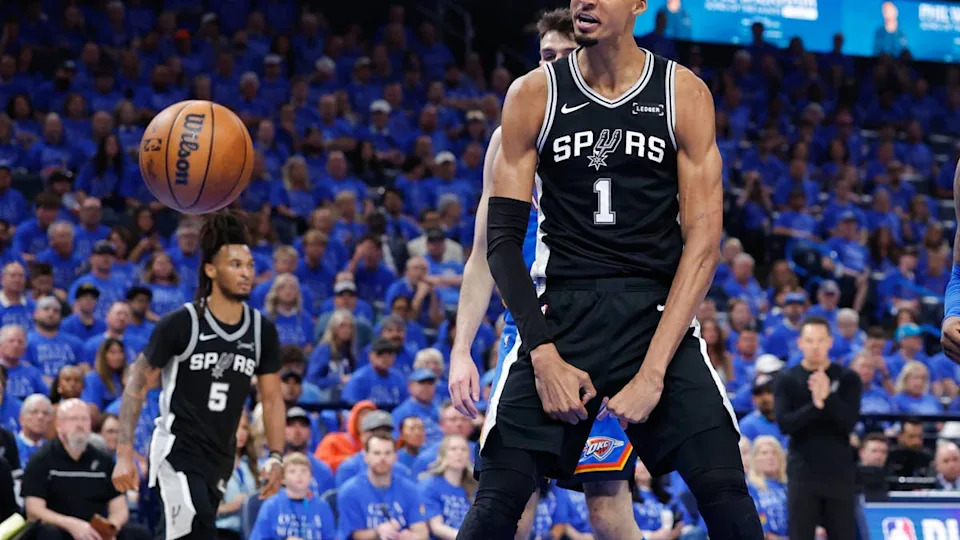 May 18, 2026; Oklahoma City, Oklahoma, USA; San Antonio Spurs center <a class="link " href="https://sports.yahoo.com/nba/players/10094/" data-i13n="sec:content-canvas;subsec:anchor_text;elm:context_link" data-ylk="slk:Victor Wembanyama;sec:content-canvas;subsec:anchor_text;elm:context_link;itc:0" data-yga="{"yLinkElement":"context_link","yModuleName":"content-canvas","yLinkText":"Victor Wembanyama","ySubModuleName":"anchor_text","yHasCommerce":false}">Victor Wembanyama</a> (1) reacts after a dunk in the second quarter against the Oklahoma City Thunder during game one of the western conference finals for the 2026 NBA playoffs at Paycom Center. Mandatory Credit: Alonzo Adams-Imagn Images© Alonzo Adams-Imagn Images