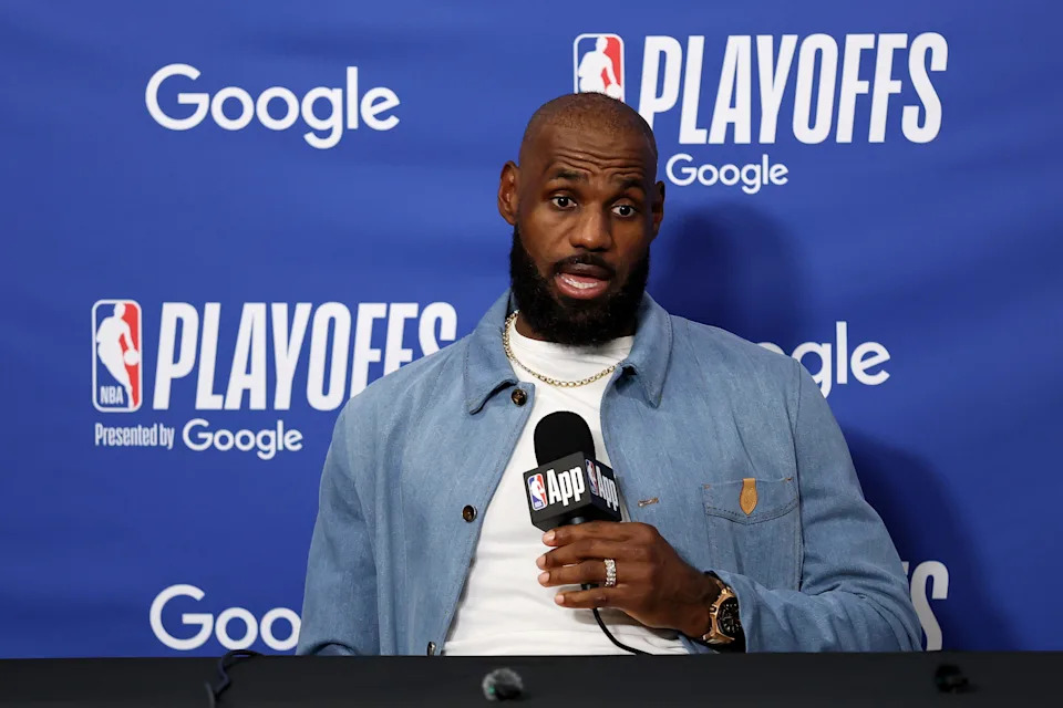 LOS ANGELES, CALIFORNIA - MAY 11: LeBron James #23 of the Los Angeles Lakers speaks to the media during a press conference after the game against the Oklahoma City Thunder in Game Four of the Second Round of the NBA Western Conference Playoffs at Crypto.com Arena on May 11, 2026 in Los Angeles, California. NOTE TO USER: User expressly acknowledges and agrees that, by downloading and or using this photograph, user is consenting to the terms and conditions of the Getty Images License Agreement. (Photo by Luke Hales/Getty Images)