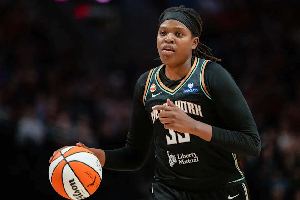 Center Jonquel Jones of the <a class="link " href="https://sports.yahoo.com/wnba/teams/new-york/" data-i13n="sec:content-canvas;subsec:anchor_text;elm:context_link" data-ylk="slk:New York Liberty;sec:content-canvas;subsec:anchor_text;elm:context_link;itc:0" data-yga="{"yLinkElement":"context_link","yModuleName":"content-canvas","yLinkText":"New York Liberty","ySubModuleName":"anchor_text","yHasCommerce":false}">New York Liberty</a> dribbles the ball up court during the second half against the <a class="link " href="https://sports.yahoo.com/wnba/teams/portland/" data-i13n="sec:content-canvas;subsec:anchor_text;elm:context_link" data-ylk="slk:Portland Fire;sec:content-canvas;subsec:anchor_text;elm:context_link;itc:0" data-yga="{"yLinkElement":"context_link","yModuleName":"content-canvas","yLinkText":"Portland Fire","ySubModuleName":"anchor_text","yHasCommerce":false}">Portland Fire</a> at Moda Center on May 12, 2026 in Portland, Oregon. Getty Images