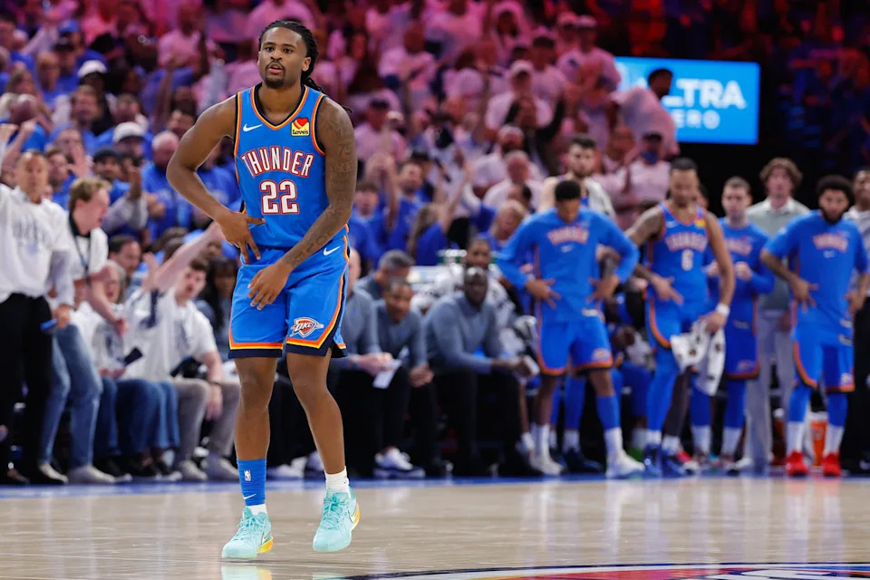 May 20, 2026; Oklahoma City, Oklahoma, USA; Oklahoma City Thunder guard Cason Wallace (22) reacts to a play during the fourth quarter against the San Antonio Spurs during game two of the western conference finals for the 2026 NBA playoffs at Paycom Center. Mandatory Credit: Alonzo Adams-Imagn Images