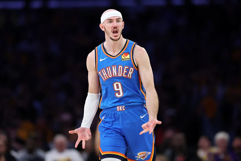 LOS ANGELES, CALIFORNIA - MAY 11: Alex Caruso #9 of the Oklahoma City Thunder celebrates after scoring a three point basket against the Los Angeles Lakers during the first quarter in Game Four of the Second Round of the NBA Western Conference Playoffs at Crypto.com Arena on May 11, 2026 in Los Angeles, California. NOTE TO USER: User expressly acknowledges and agrees that, by downloading and or using this photograph, User is consenting to the terms and conditions of the Getty Images License Agreement. (Photo by Luke Hales/Getty Images)