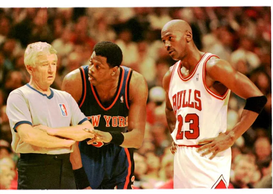Jes Kersey listens to Patrick Ewing plead his case as Michael Jordan looks on in the fourth quarter of the Eastern Conference semifinals in 1996. WA Funches Jr./ New York Post