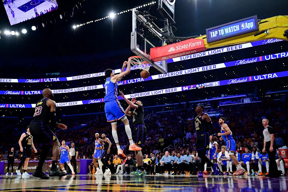 May 11, 2026; Los Angeles, California, USA; Oklahoma City Thunder center Chet Holmgren (7) dunks for the basket against the Los Angeles Lakers during the second half in game four of the second round of the 2026 NBA Playoffs at Crypto.com Arena. Mandatory Credit: Gary A. Vasquez-Imagn Images