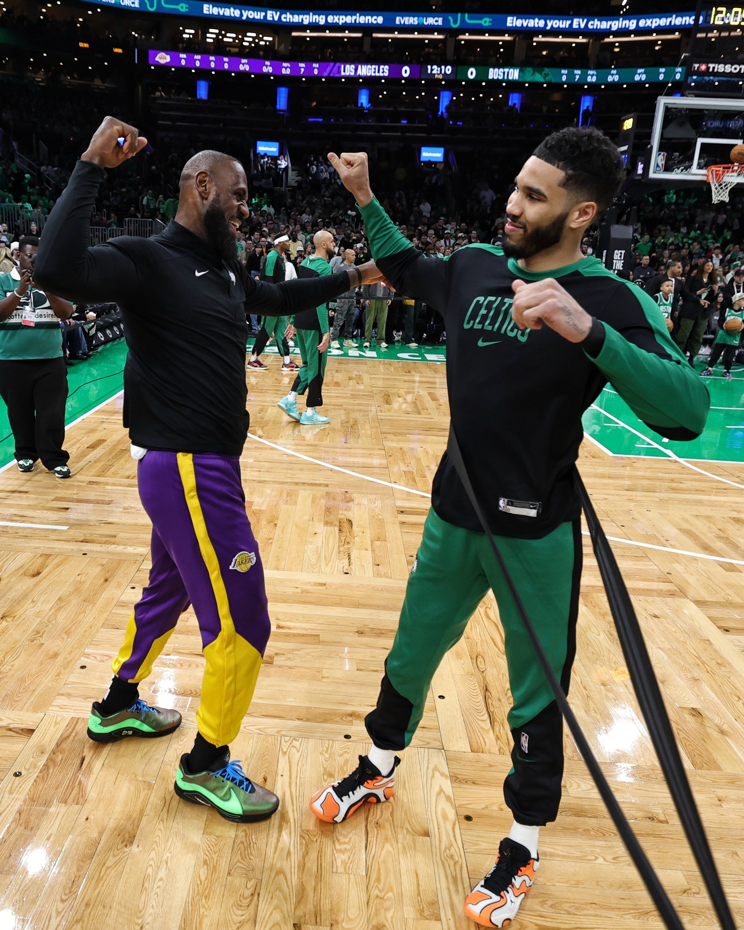 BOSTON, MA - MARCH 8: LeBron James #23 of the Los Angeles Lakers and Jayson Tatum #0 of the Boston Celtics before the game on March 8, 2025 at TD Garden in Boston, Massachusetts. NOTE TO USER: User expressly acknowledges and agrees that, by downloading and/or using this photograph, user is consenting to the terms and conditions of the Getty Images License Agreement. Mandatory Copyright Notice: Copyright 2025 NBAE (Photo by Jim Poorten/NBAE via Getty Images)