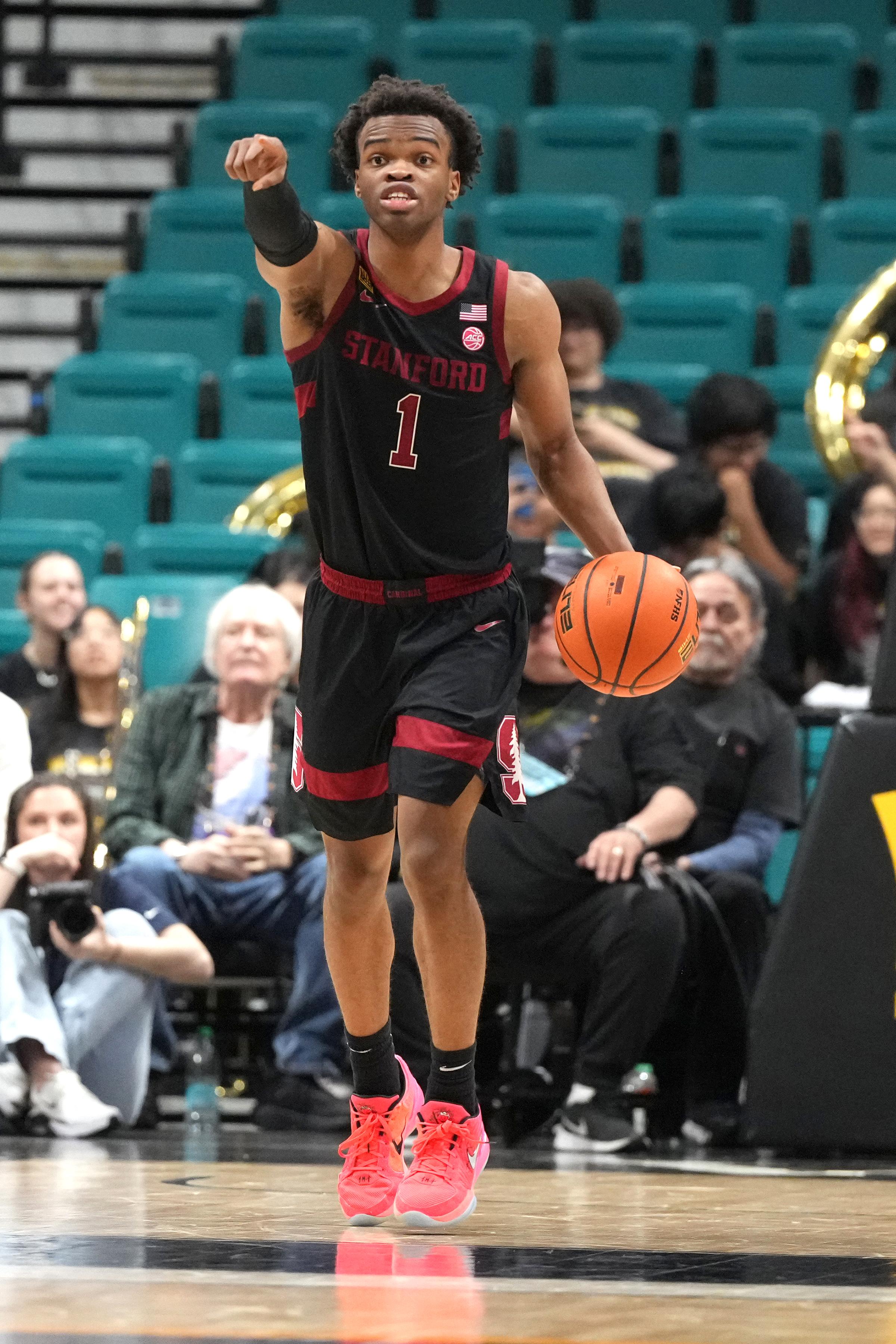 LAS VEGAS, NV - APRIL 02: Ebuka Okorie #1 of the Stanford Cardinal dribbles up court during the 2026 College Basketball Crown - Quarterfinal game against the West Virginia Mountaineers at Grand Garden Arena at the MGM Grand Resort on April 02, 2026 in Las Vegas, Nevada. (Photo by Mitchell Layton/Getty Images)