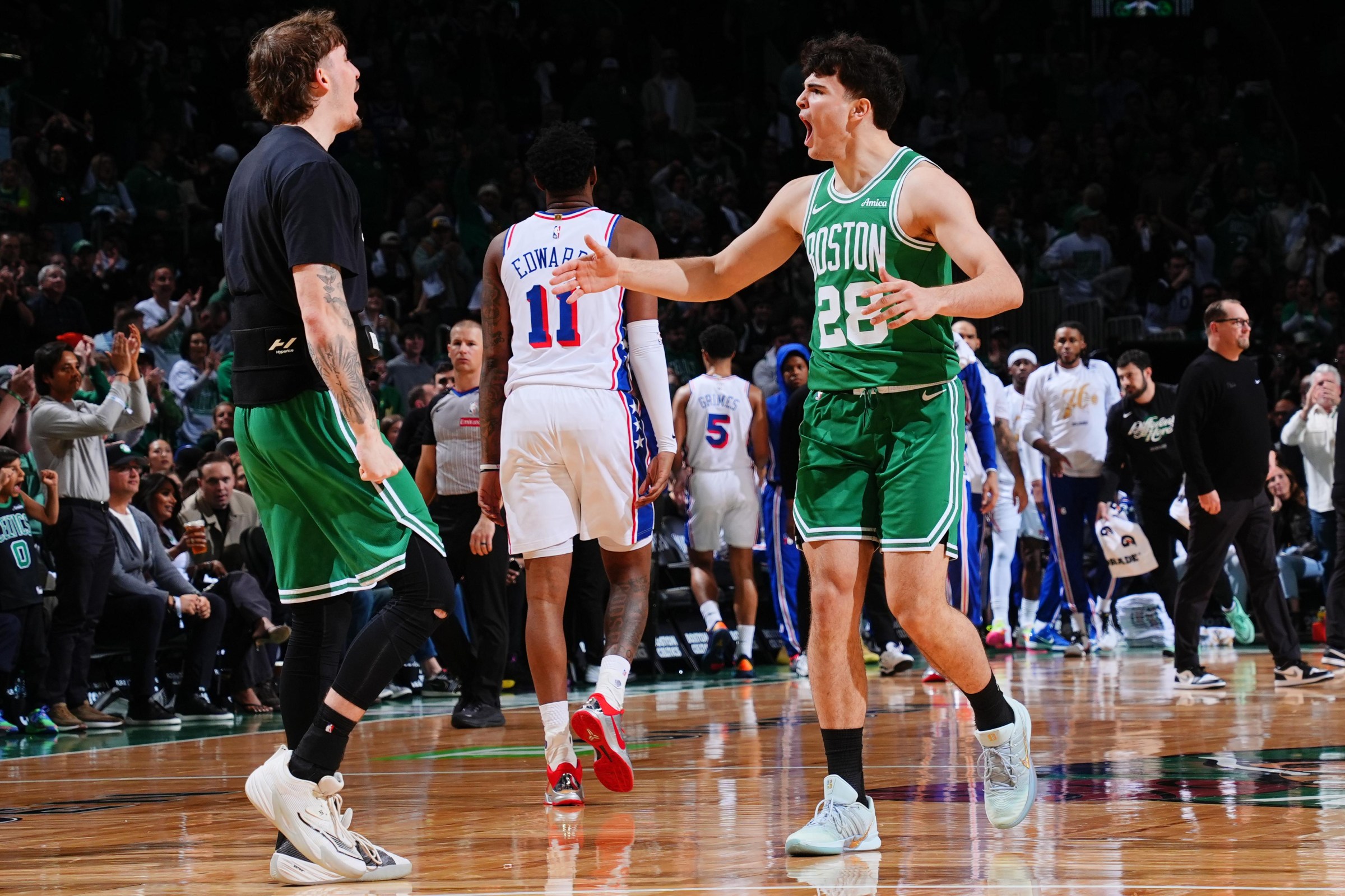 BOSTON, MA - MAY 2: Baylor Scheierman #55 and Hugo Gonzalez #28 of the Boston Celtics react during the game against the Philadelphia 76ers during Round One Game Seven of the 2026 NBA Playoffs on May 2, 2026 at TD Garden in Boston, Massachusetts. NOTE TO USER: User expressly acknowledges and agrees that, by downloading and/or using this Photograph, user is consenting to the terms and conditions of the Getty Images License Agreement. Mandatory Copyright Notice: Copyright 2026 NBAE (Photo by Brian Babineau/NBAE via Getty Images)